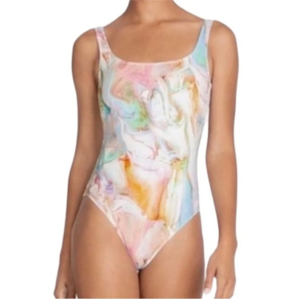 Johnny Was Calme Multi Rainbow Marble‎ Print One-Piece Abstract Swimsuit XL NWOT